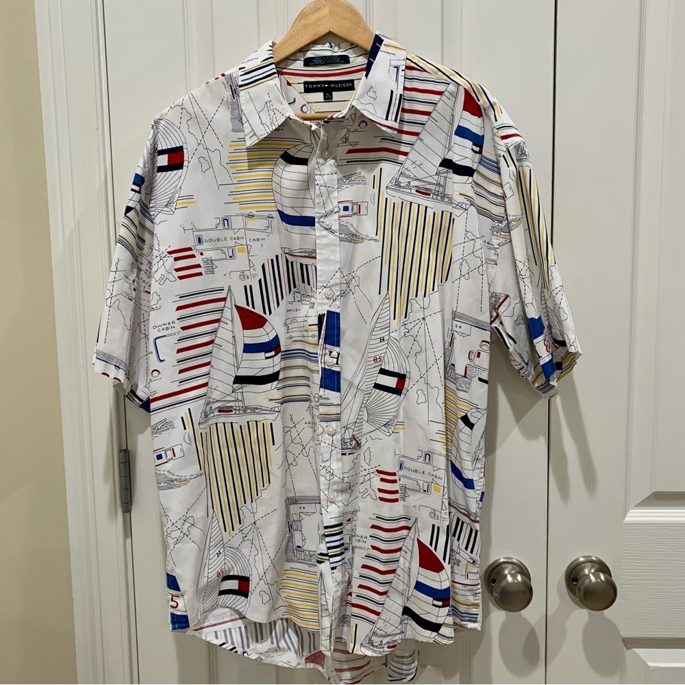 Men’s Tommy Hilfiger Cotton Sailboat Theme Print Button Down XL